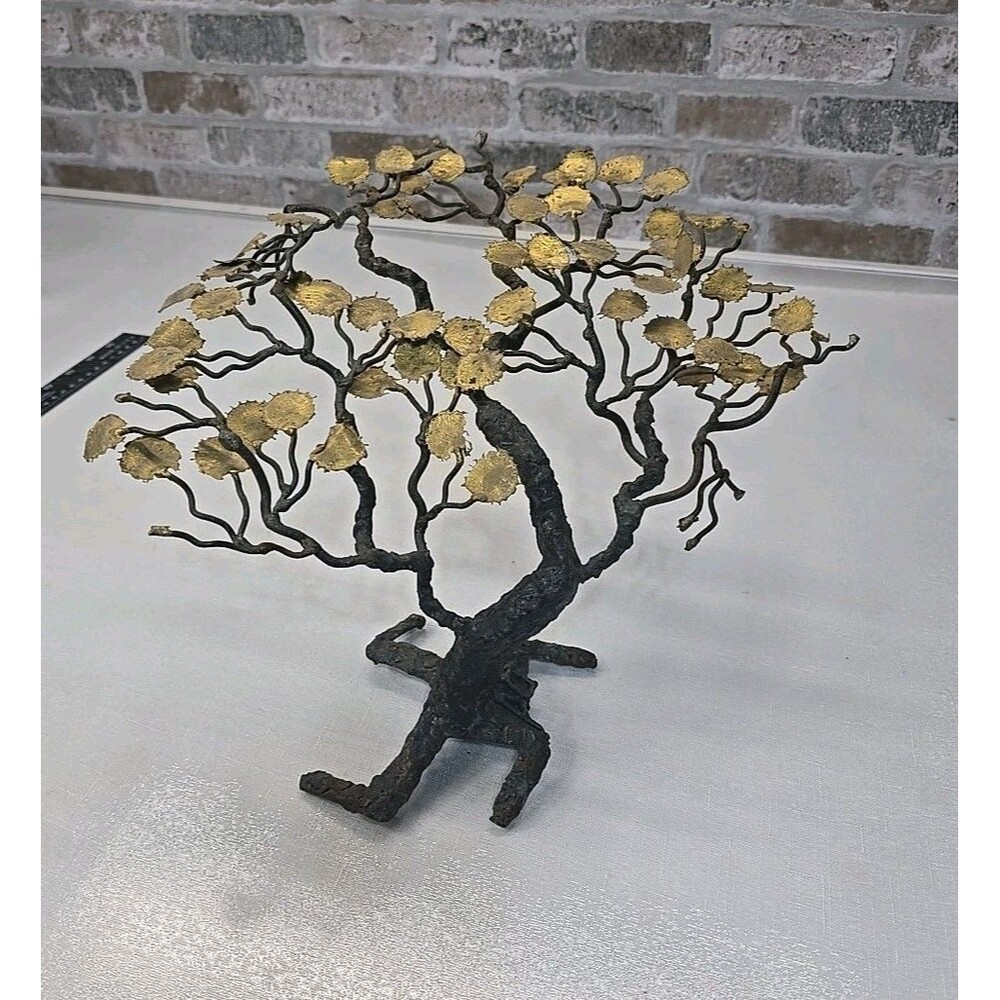 Vtg MCM Brutalist Style Twisted Wire Tree Wind swept Gold Toned Leaves